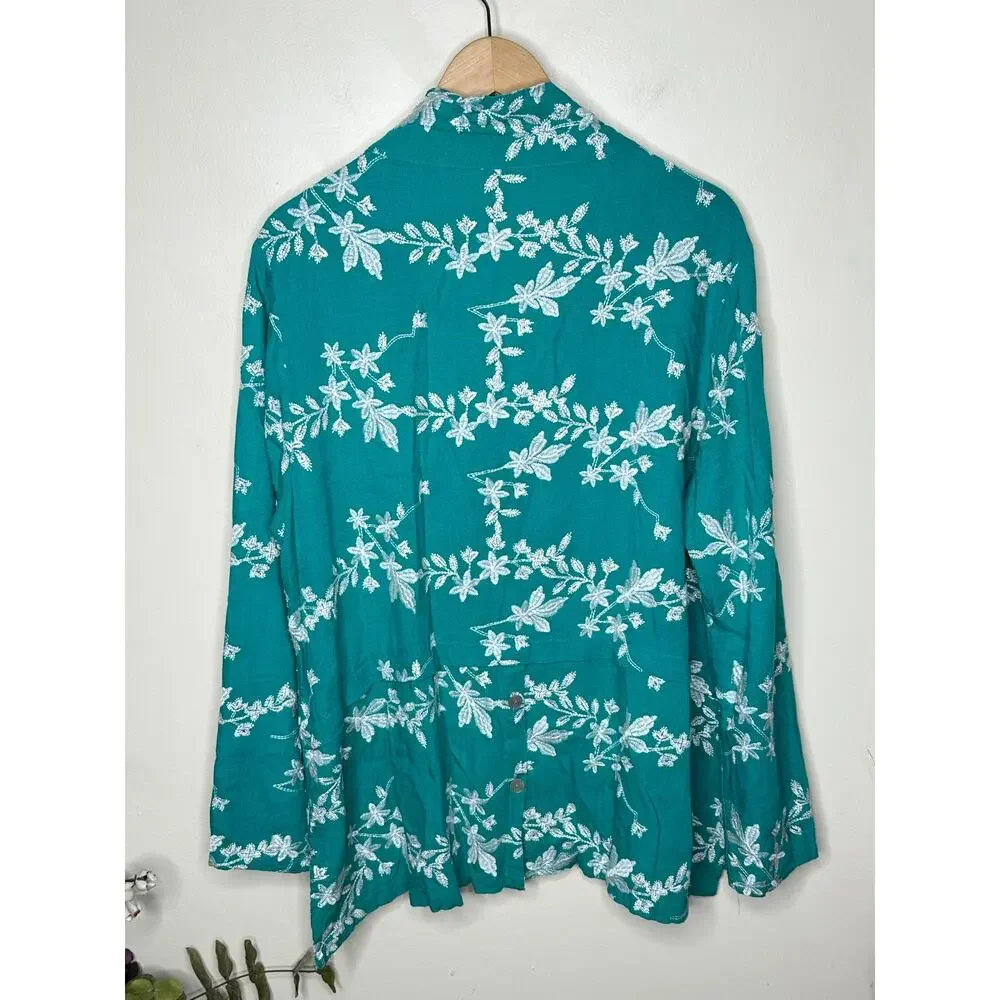 SOFT SURROUNDINGS Isla Verde Linen Blend Embroidered Shirt Teal Sz 1X {T42} - Picture 3 of 5